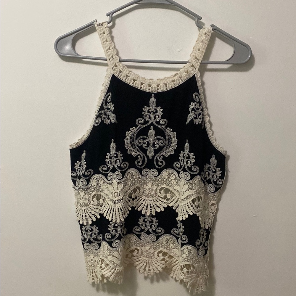 Michele Black and Cream Embellished Crochet Tank Top